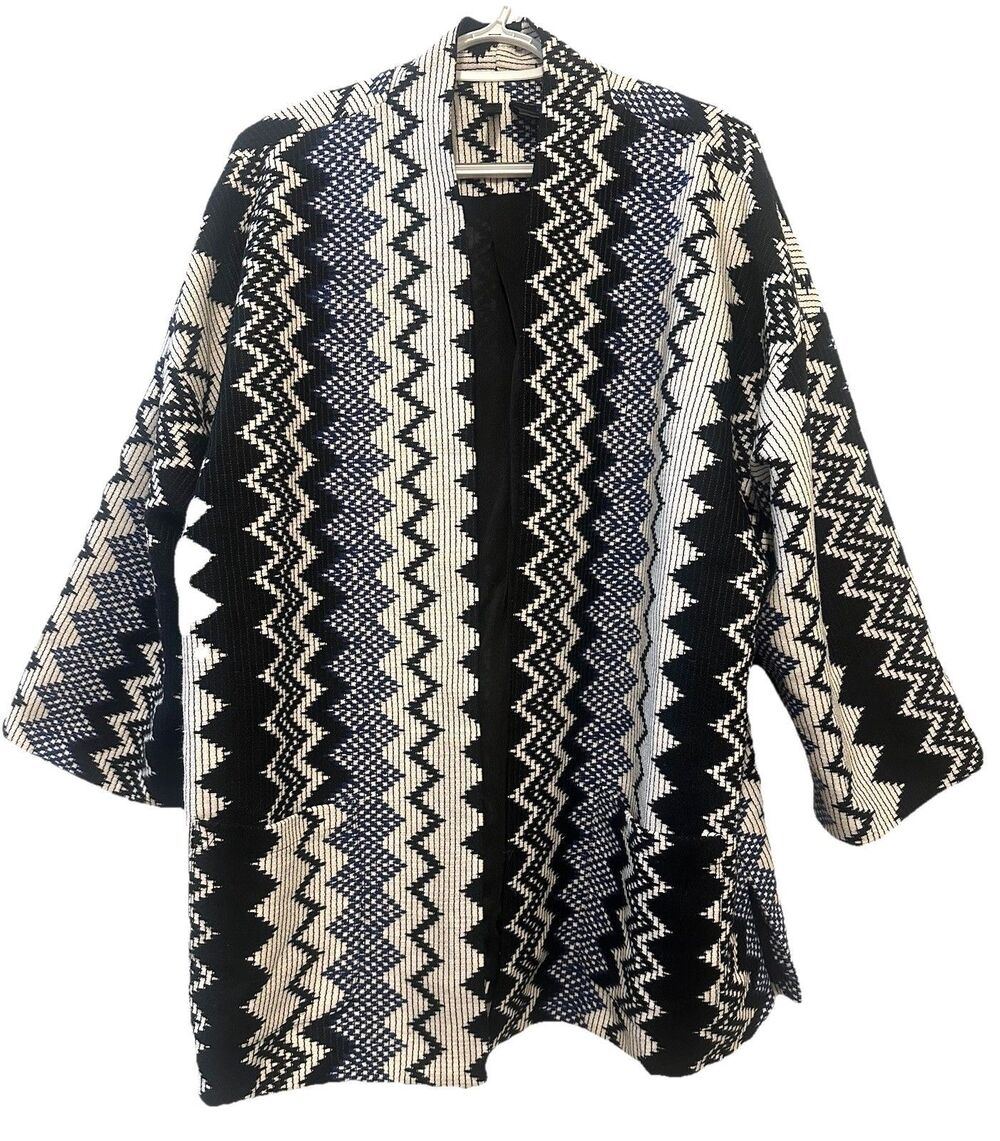 Kaktus Women’s 2X Geo Zig Zag Open Front Textured Knit Cardigan Jacket Coatigan